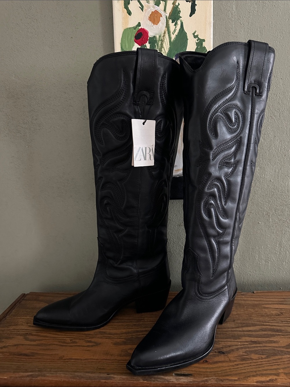 Zara Black Embroidered Western Knee Boots